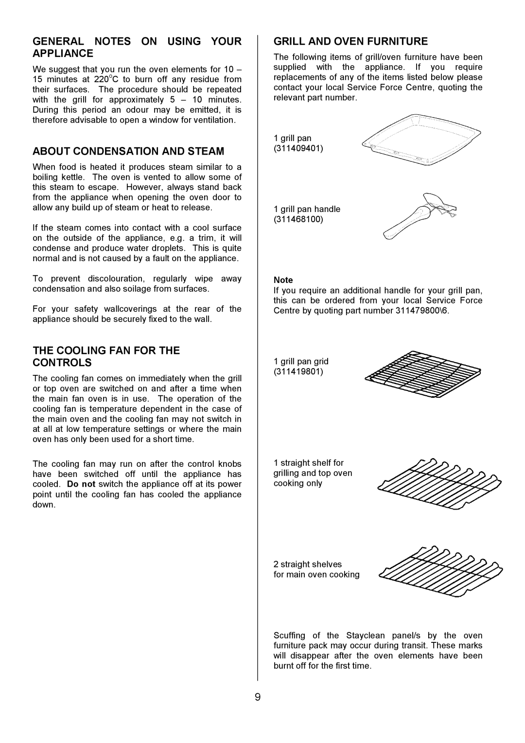 Tricity Bendix SIE424 General Notes on Using Your Appliance, About Condensation and Steam, Cooling FAN for Controls 