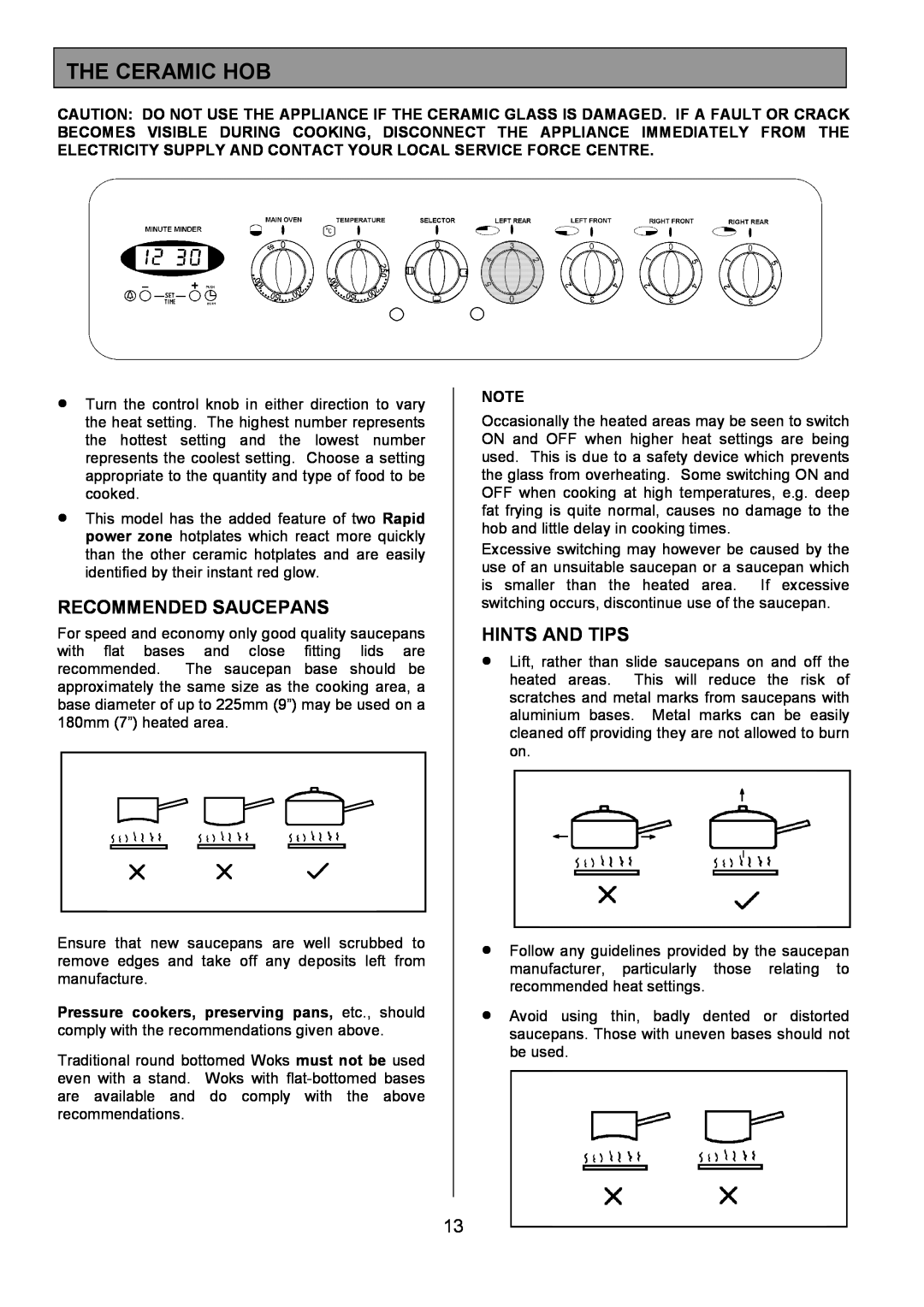 Tricity Bendix SIE424 installation instructions The Ceramic Hob, Recommended Saucepans, Hints And Tips 