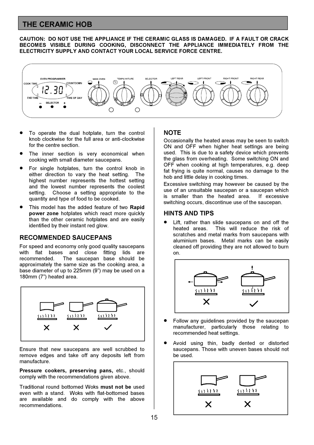 Tricity Bendix SIE454 installation instructions Ceramic HOB, Recommended Saucepans, Hints and Tips 