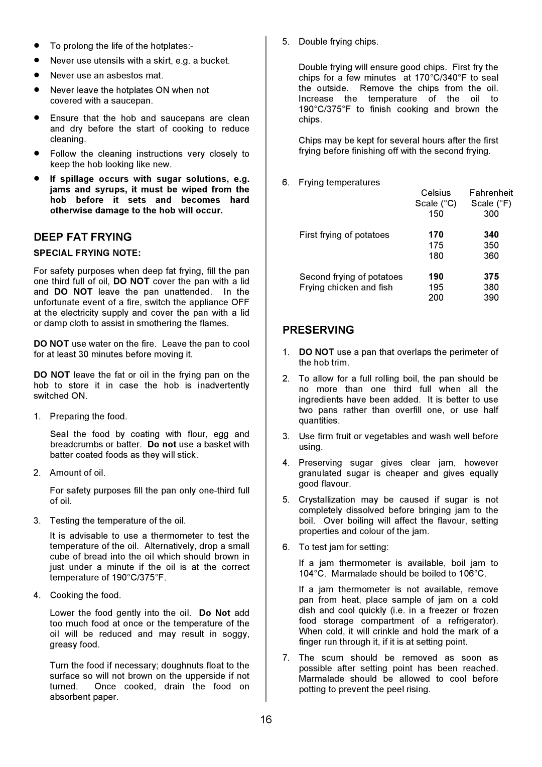 Tricity Bendix SIE454 installation instructions Deep FAT Frying, Preserving, Special Frying Note 