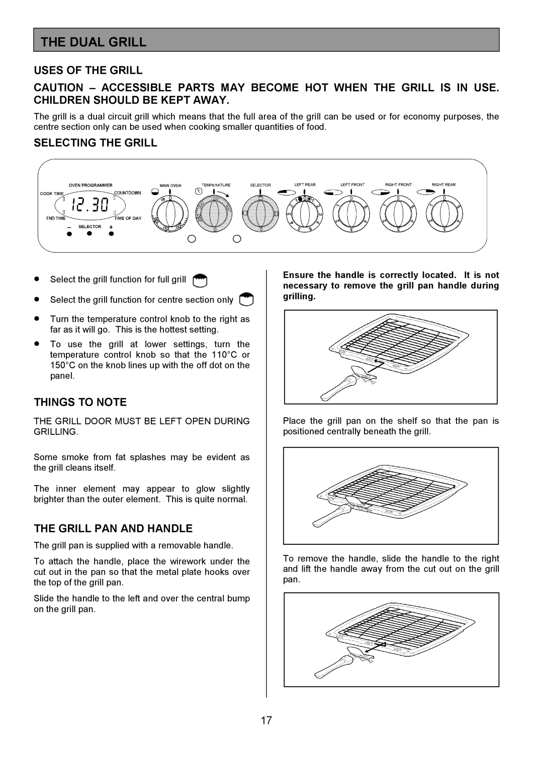 Tricity Bendix SIE454 installation instructions Dual Grill, Uses of the Grill, Selecting the Grill, Grill PAN and Handle 