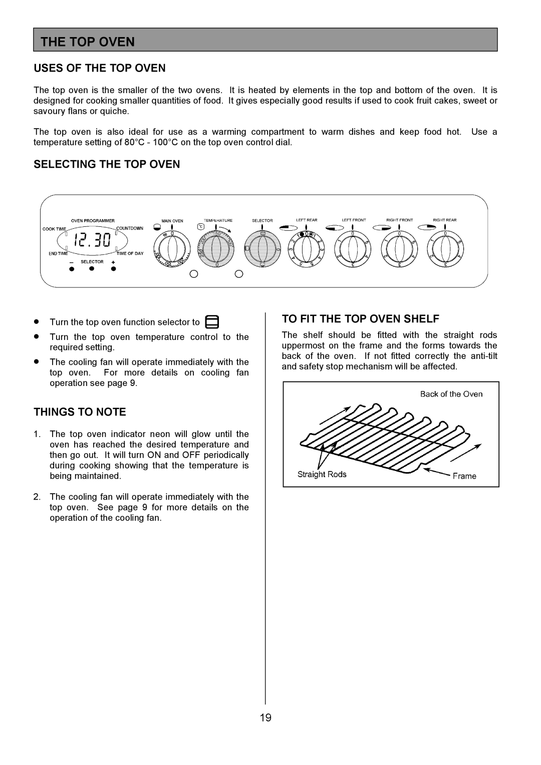 Tricity Bendix SIE454 installation instructions Uses of the TOP Oven, Selecting the TOP Oven, To FIT the TOP Oven Shelf 