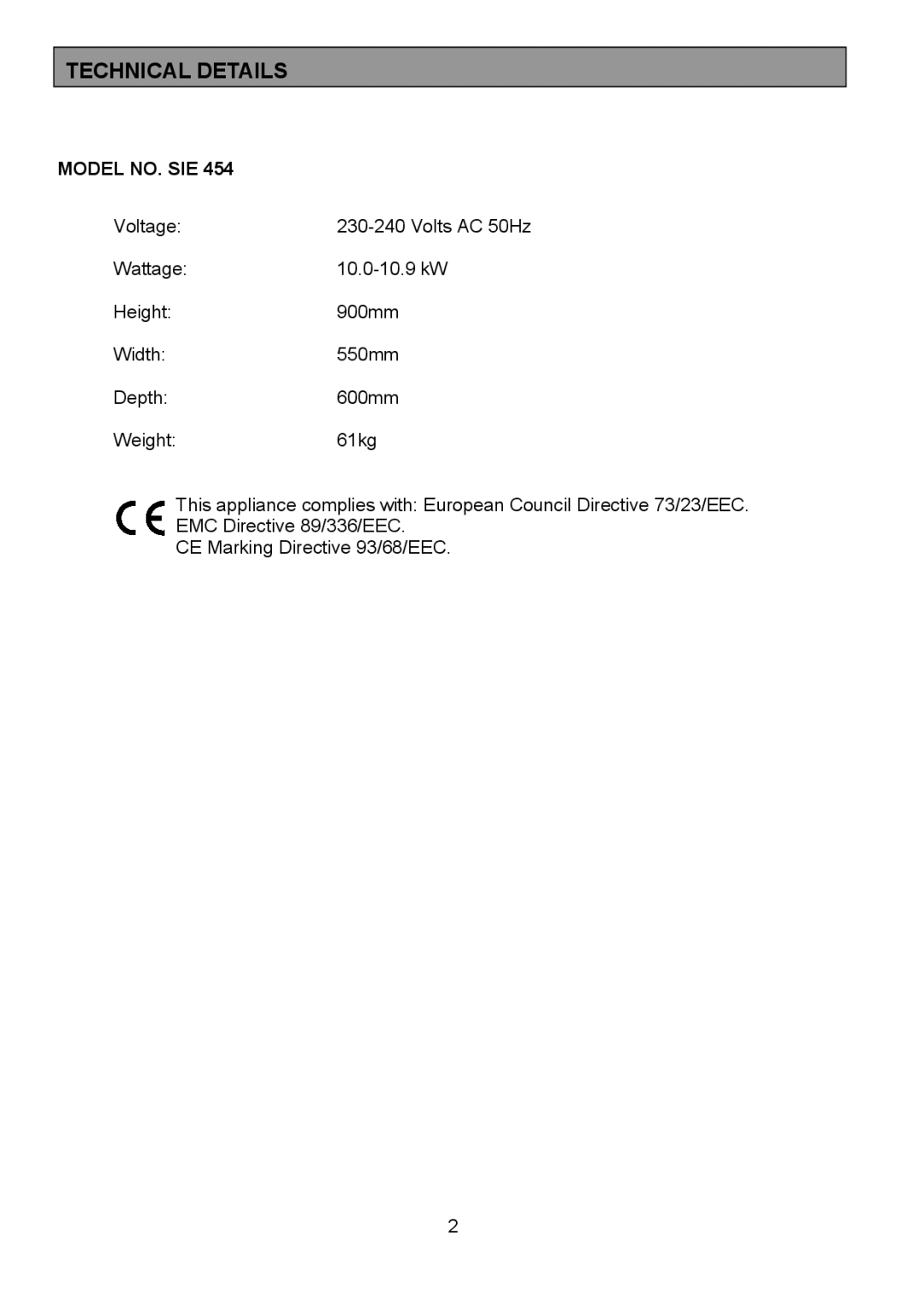 Tricity Bendix SIE454 installation instructions Technical Details, Model NO. SIE 