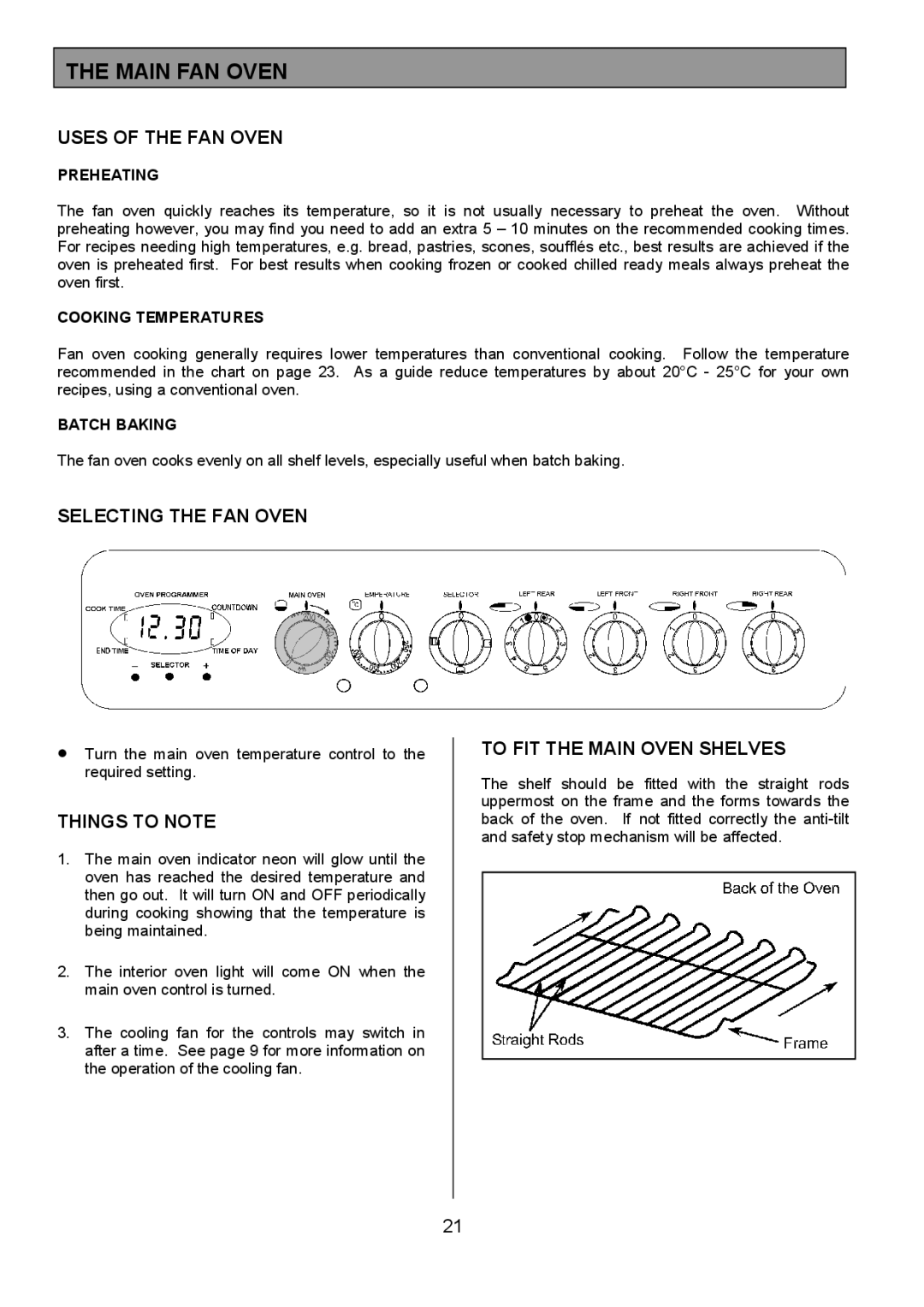 Tricity Bendix SIE454 Main FAN Oven, Uses of the FAN Oven, Selecting the FAN Oven, To FIT the Main Oven Shelves 