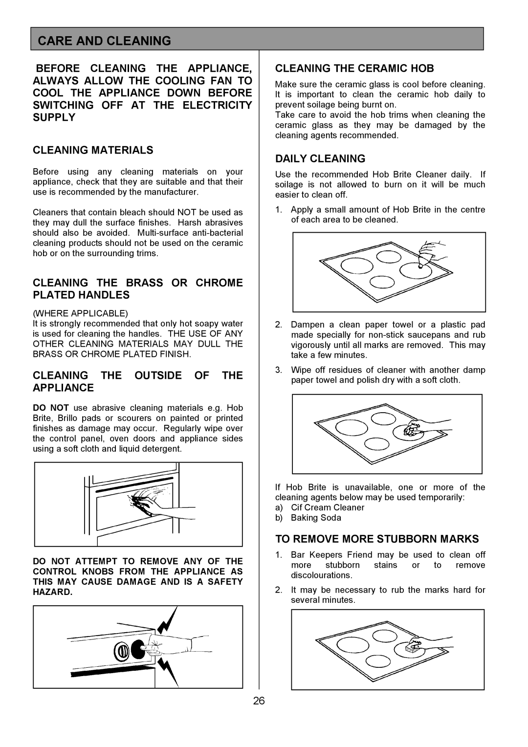 Tricity Bendix SIE454 installation instructions Care and Cleaning 