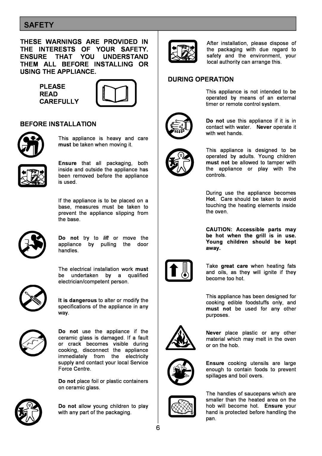 Tricity Bendix SIE454 installation instructions Safety, Please Read Carefully Before Installation, During Operation 