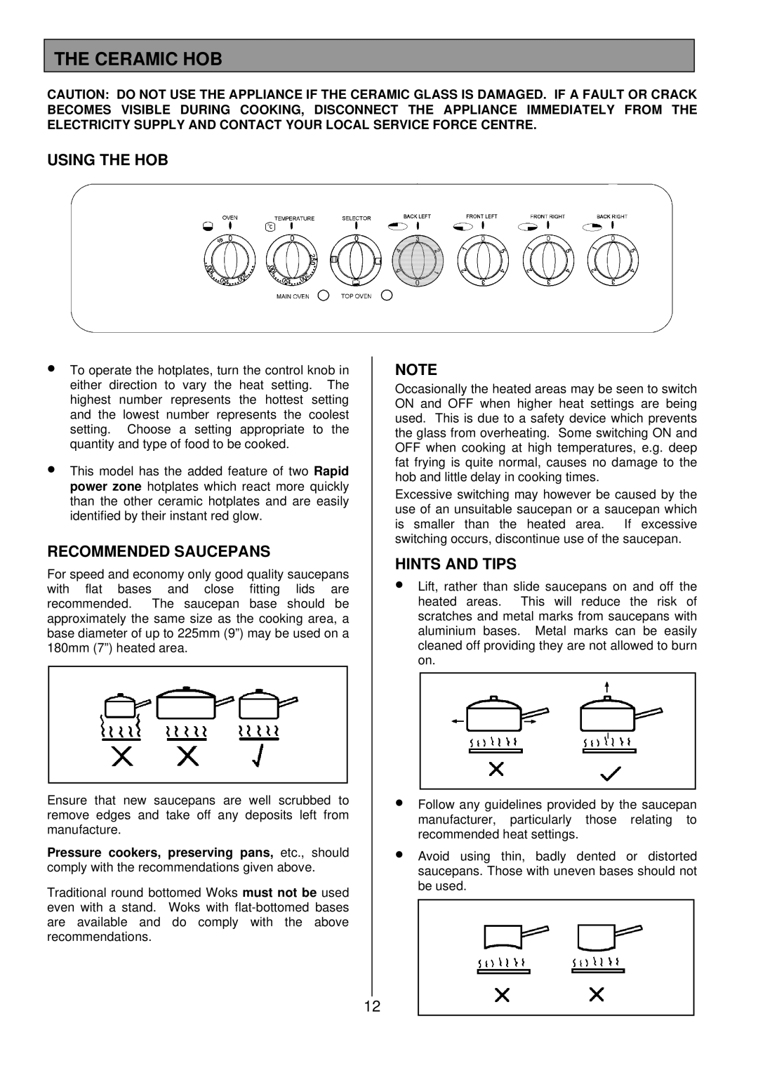 Tricity Bendix SIE501 installation instructions Ceramic HOB, Using the HOB, Recommended Saucepans, Hints and Tips 