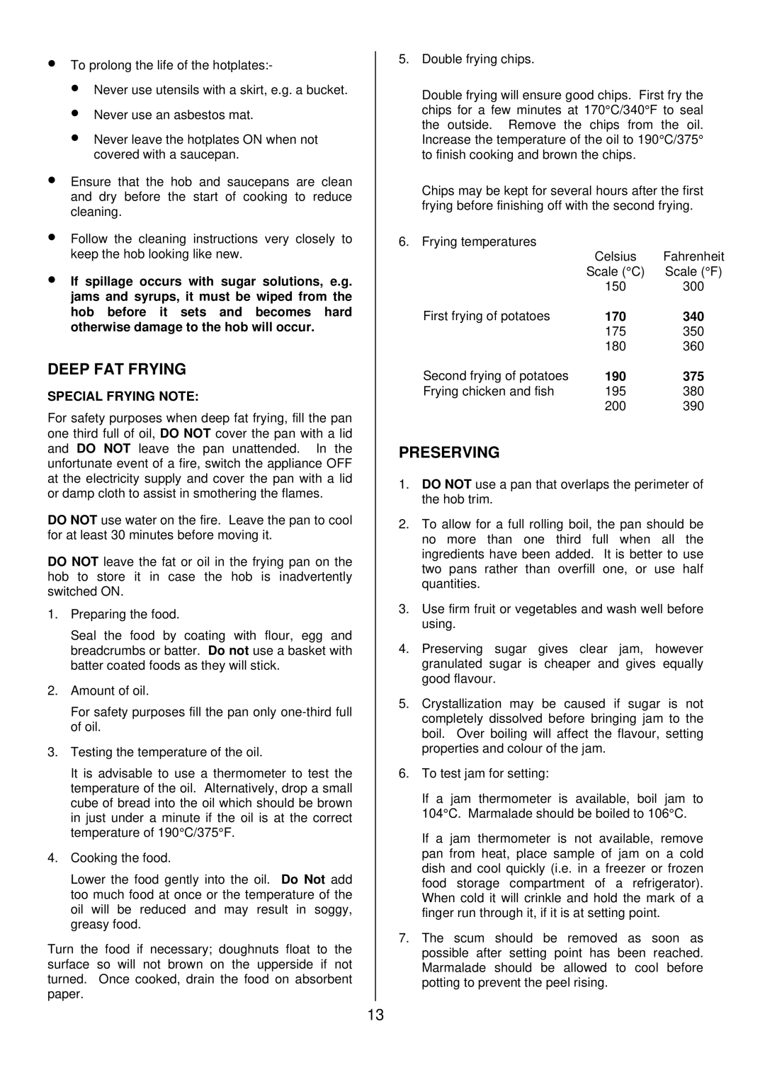 Tricity Bendix SIE501 installation instructions Deep FAT Frying, Preserving, Special Frying Note 