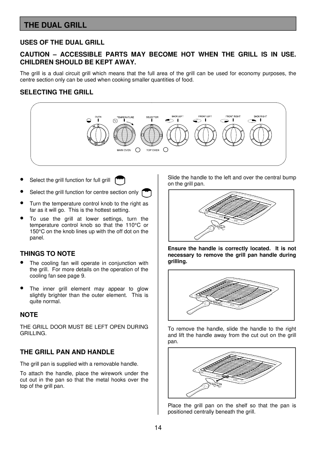 Tricity Bendix SIE501 Uses of the Dual Grill, Selecting the Grill, Things to Note, Grill PAN and Handle 