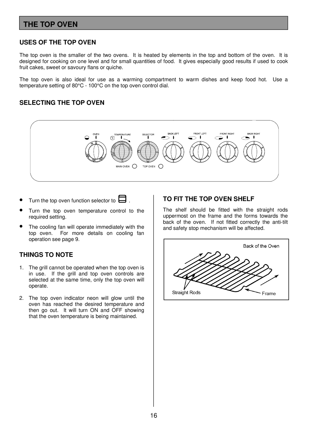 Tricity Bendix SIE501 installation instructions Uses of the TOP Oven, Selecting the TOP Oven, To FIT the TOP Oven Shelf 