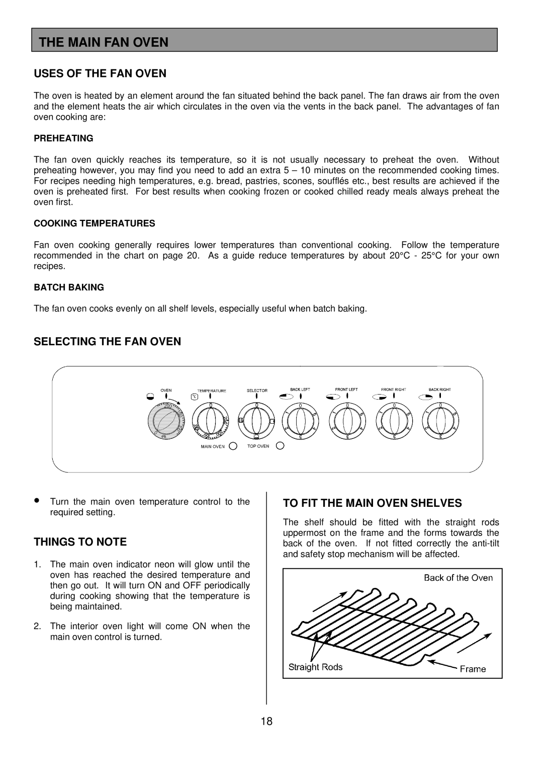 Tricity Bendix SIE501 Main FAN Oven, Uses of the FAN Oven, Selecting the FAN Oven, To FIT the Main Oven Shelves 