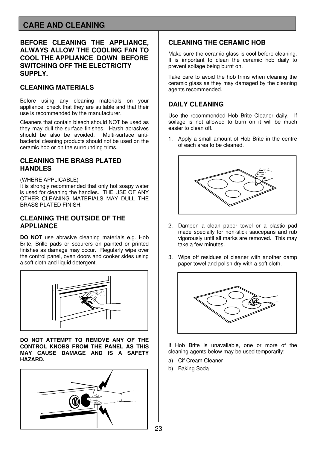 Tricity Bendix SIE501 Care and Cleaning, Cleaning the Brass Plated Handles, Cleaning the Outside of the Appliance 