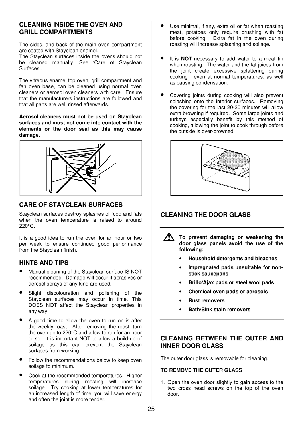 Tricity Bendix SIE501 Cleaning Inside the Oven and Grill Compartments, Care of Stayclean Surfaces, Cleaning the Door Glass 