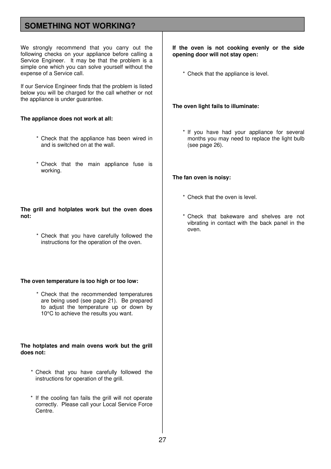 Tricity Bendix SIE501 installation instructions Something not WORKING?, Appliance does not work at all 