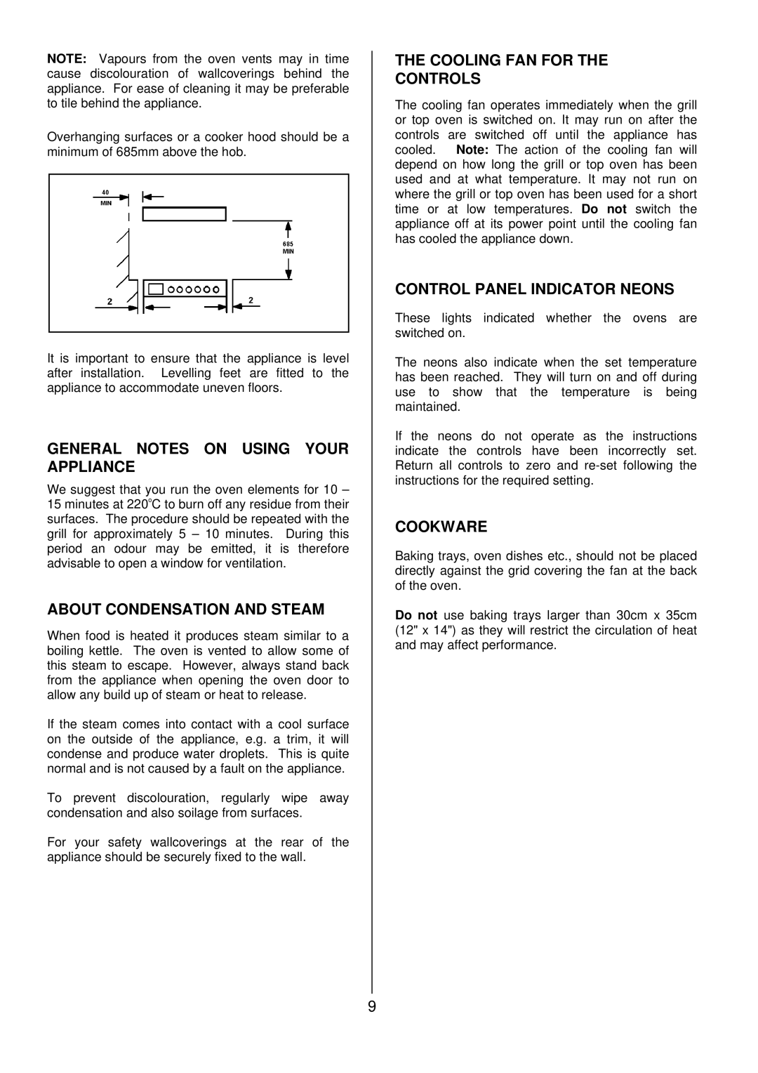 Tricity Bendix SIE501 General Notes on Using Your Appliance, About Condensation and Steam, Cooling FAN for Controls 