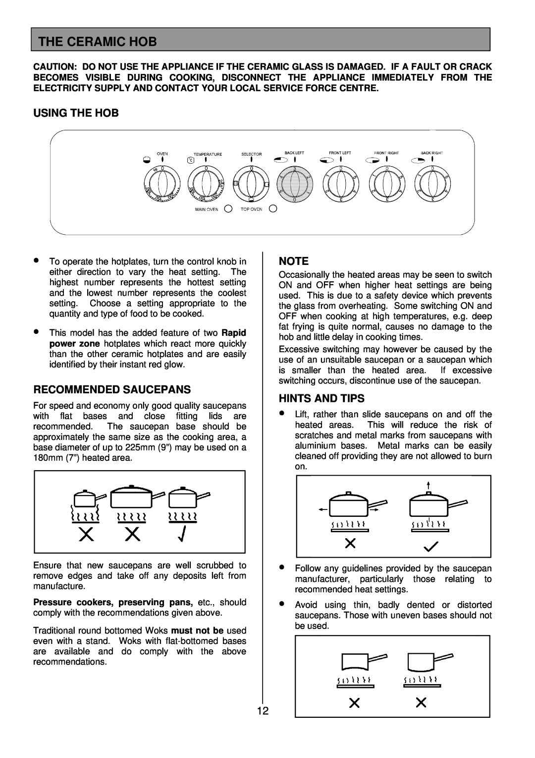Tricity Bendix SIE501 installation instructions The Ceramic Hob, Using The Hob, Recommended Saucepans, Hints And Tips 