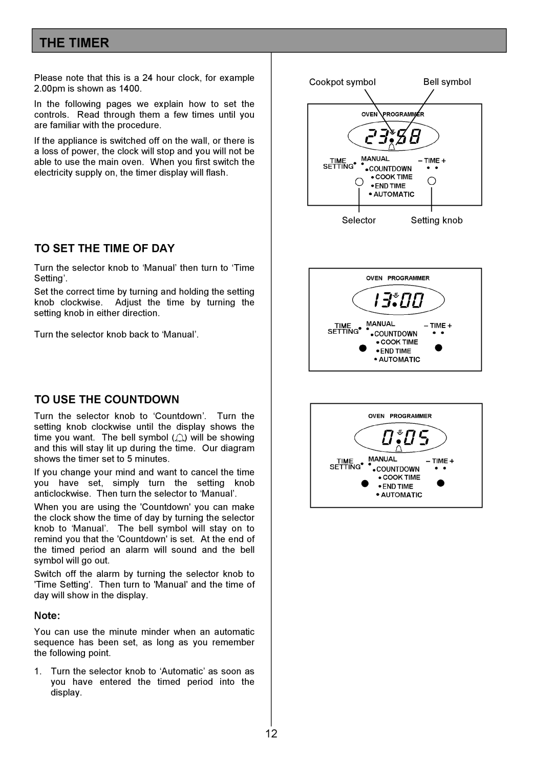 Tricity Bendix SIE505X installation instructions Timer, To SET the Time of DAY, To USE the Countdown 