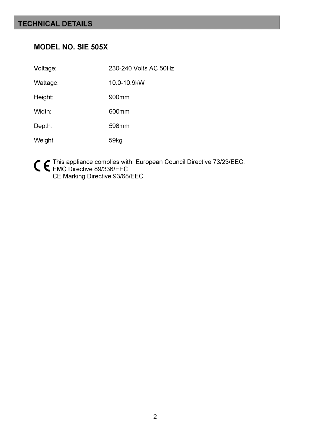 Tricity Bendix SIE505X installation instructions Technical Details Model NO. SIE 