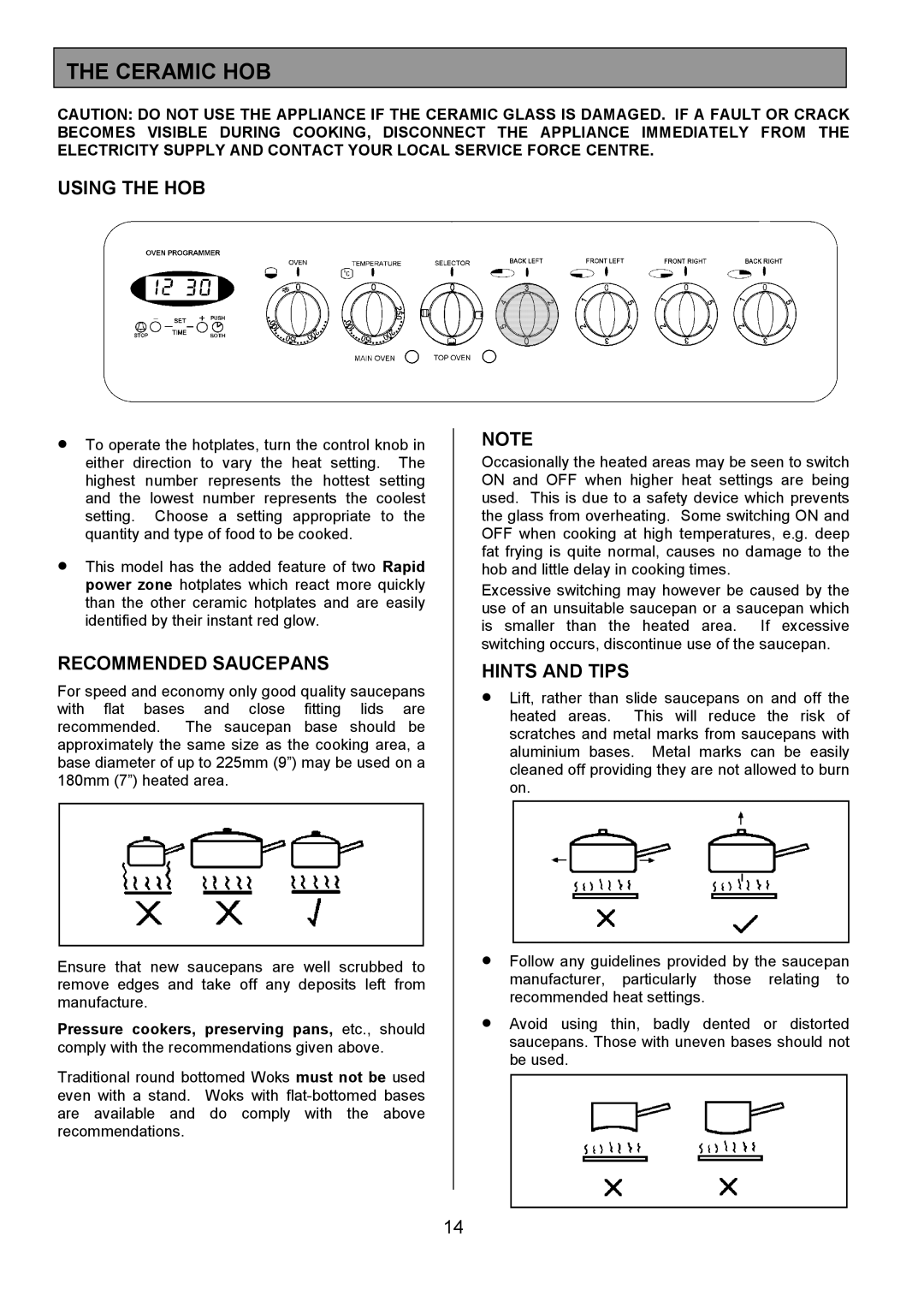 Tricity Bendix SIE514 installation instructions Ceramic HOB, Using the HOB, Recommended Saucepans, Hints and Tips 