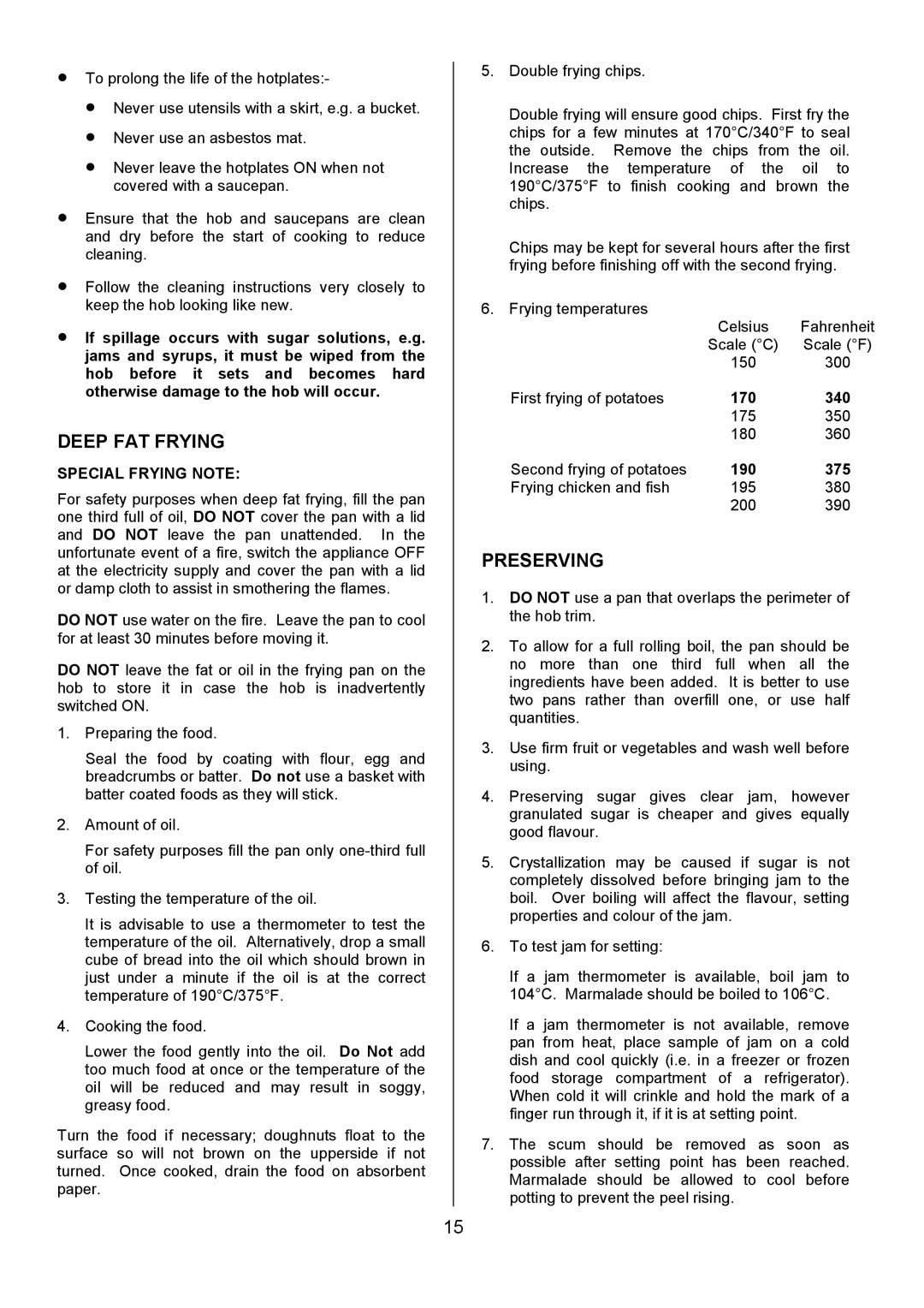 Tricity Bendix SIE514 installation instructions Deep FAT Frying, Preserving, Special Frying Note 