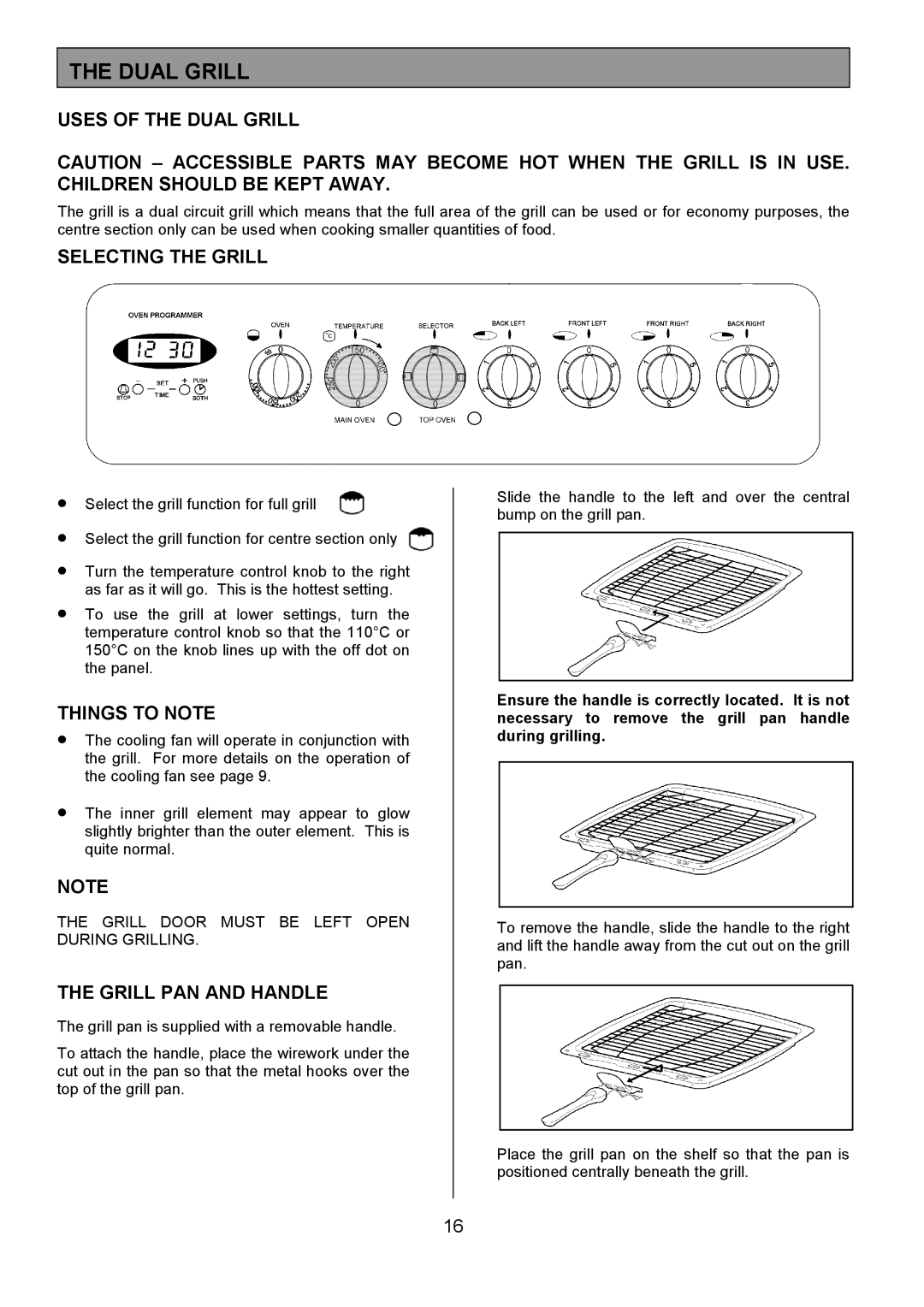 Tricity Bendix SIE514 Uses of the Dual Grill, Selecting the Grill, Things to Note, Grill PAN and Handle 