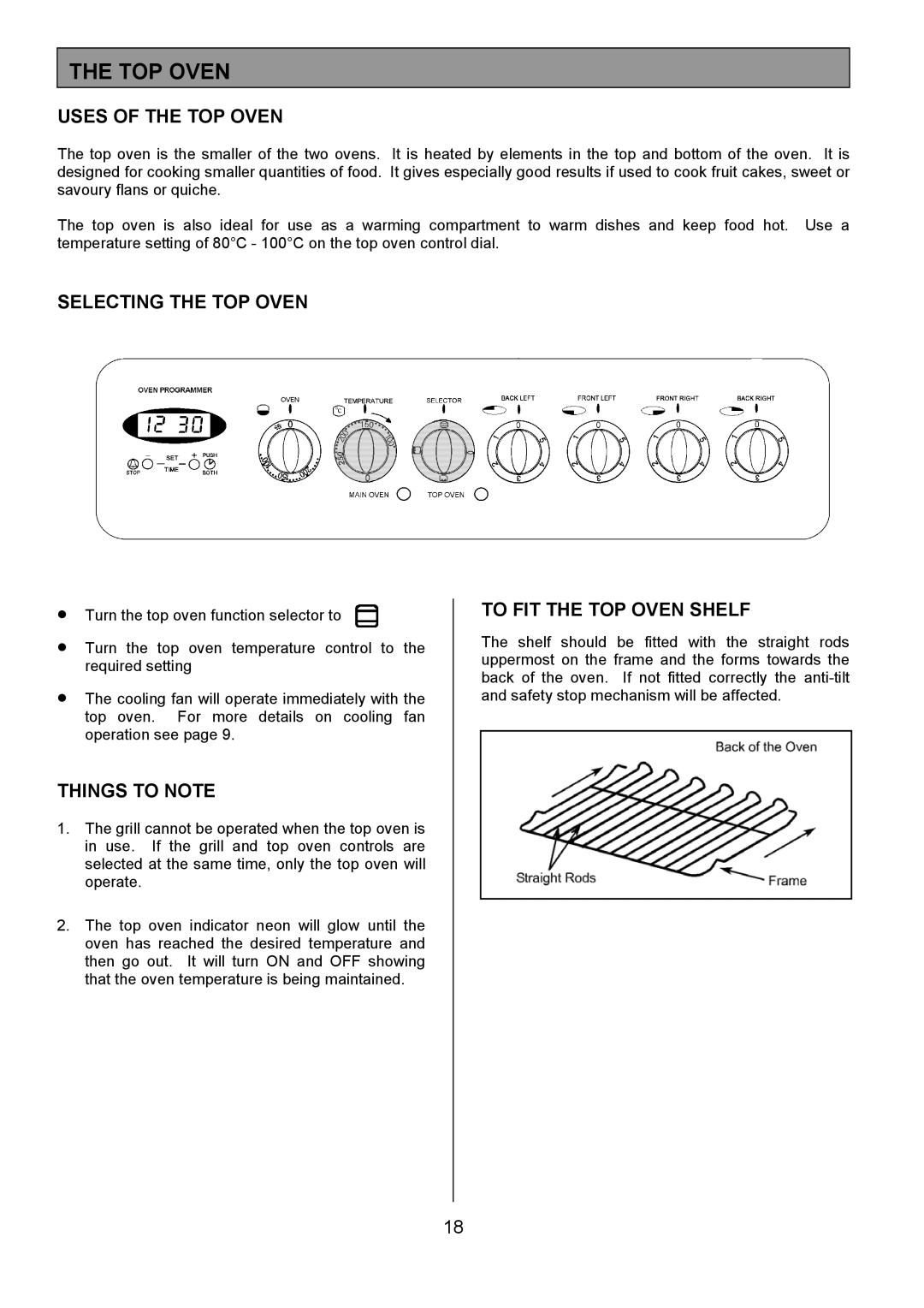 Tricity Bendix SIE514 installation instructions Uses of the TOP Oven, Selecting the TOP Oven, To FIT the TOP Oven Shelf 