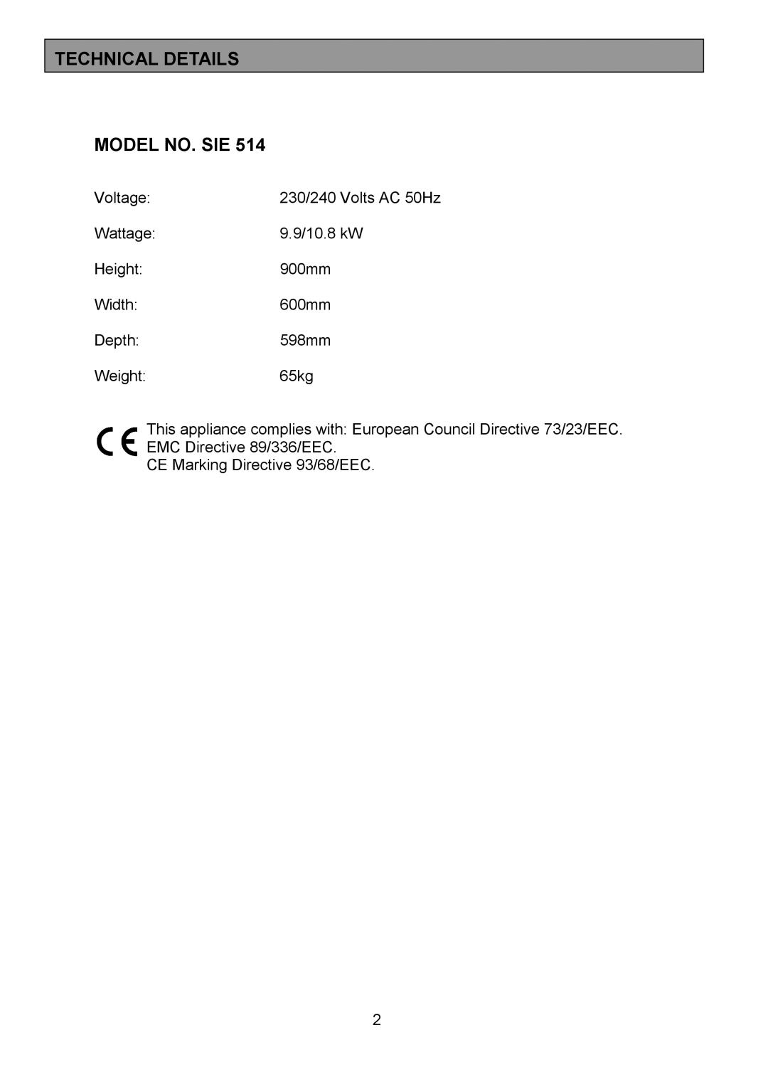 Tricity Bendix SIE514 installation instructions Technical Details Model NO. SIE 