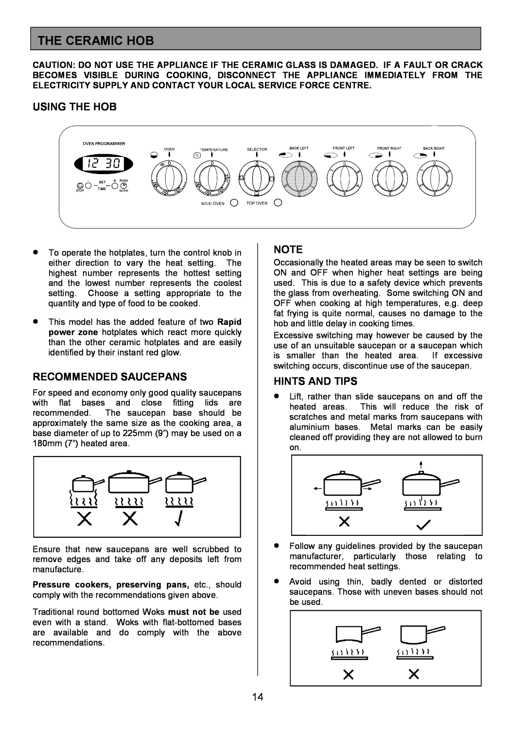 Tricity Bendix SIE514 installation instructions The Ceramic Hob, Using The Hob, Recommended Saucepans, Hints And Tips 