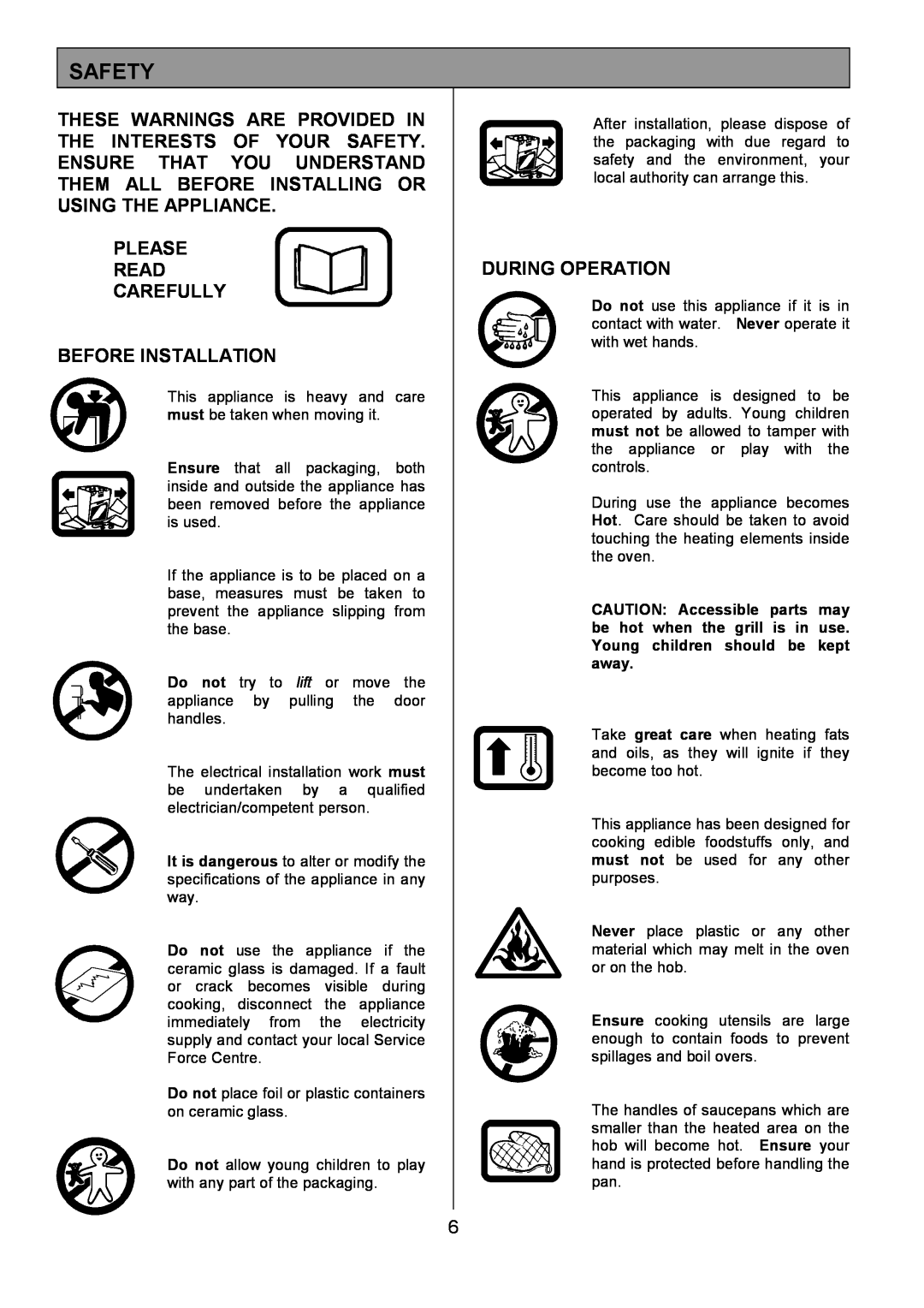 Tricity Bendix SIE514 installation instructions Safety, Please Read Carefully Before Installation, During Operation 