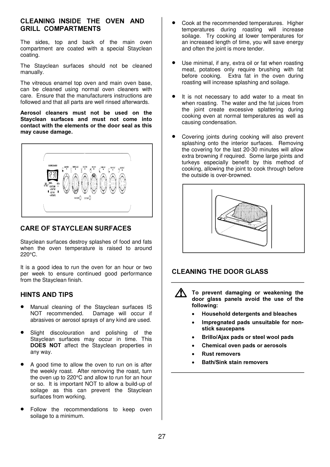 Tricity Bendix SIE515 Cleaning Inside the Oven and Grill Compartments, Care of Stayclean Surfaces, Cleaning the Door Glass 