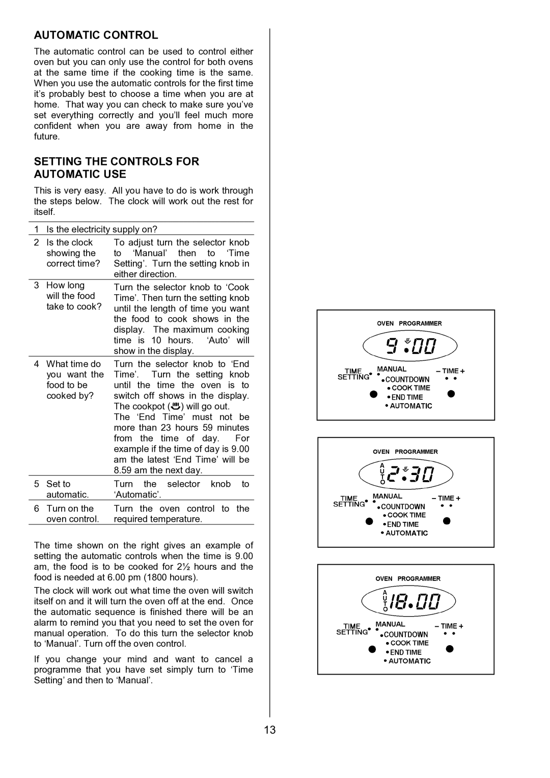 Tricity Bendix SIE531 installation instructions Automatic Control, Setting the Controls for Automatic USE 