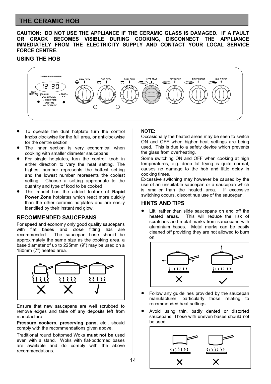 Tricity Bendix SIE531 installation instructions Ceramic HOB, Using the HOB, Recommended Saucepans, Hints and Tips 