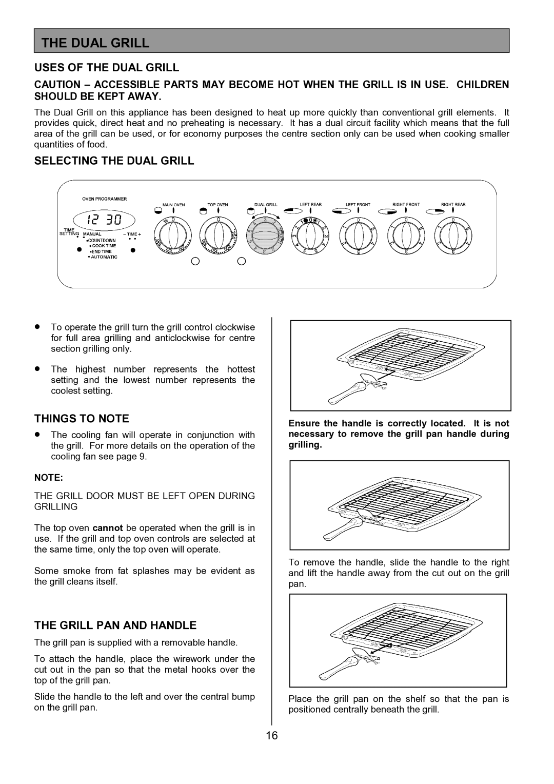 Tricity Bendix SIE531 Uses of the Dual Grill, Selecting the Dual Grill, Things to Note, Grill PAN and Handle 