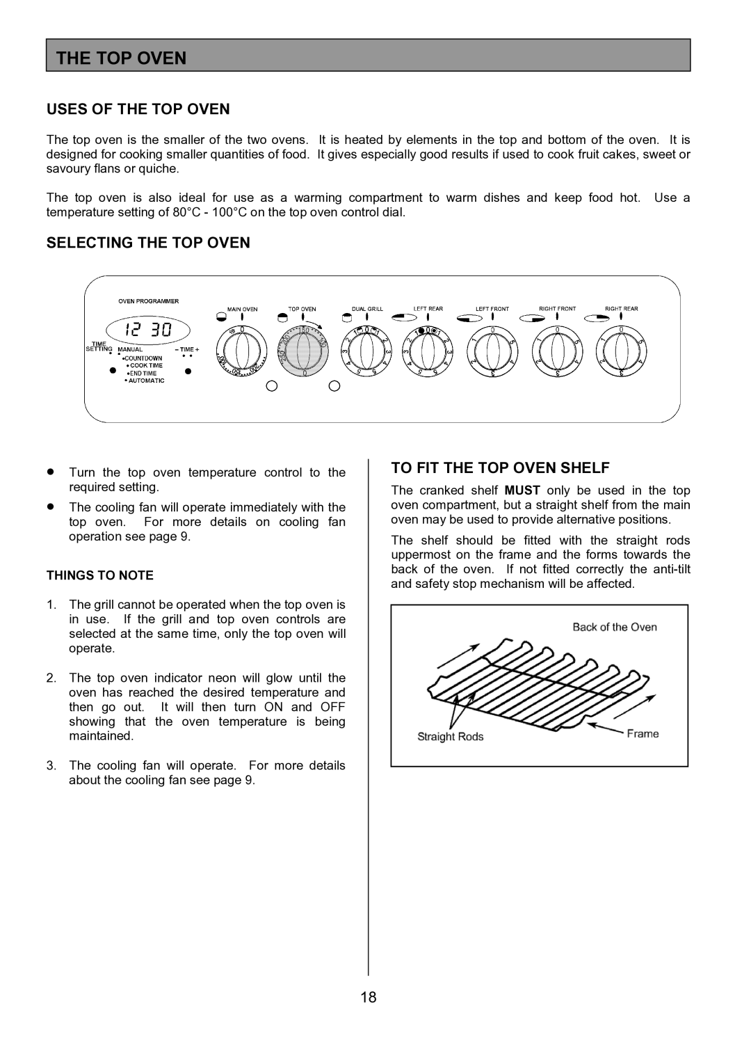 Tricity Bendix SIE531 Uses of the TOP Oven, Selecting the TOP Oven, To FIT the TOP Oven Shelf, Things to Note 