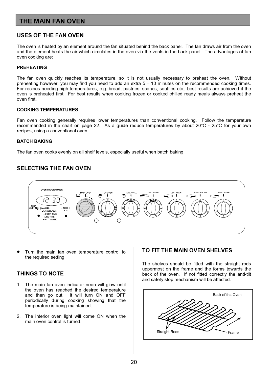 Tricity Bendix SIE531 Main FAN Oven, Uses of the FAN Oven, Selecting the FAN Oven, To FIT the Main Oven Shelves 