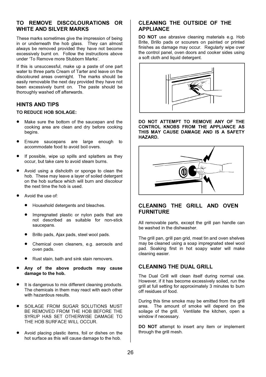 Tricity Bendix SIE531 To Remove Discolourations or White and Silver Marks, Cleaning the Outside of the Appliance 