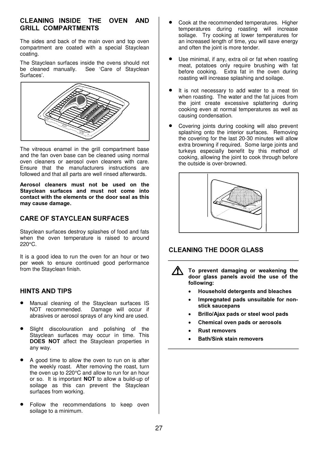 Tricity Bendix SIE531 Cleaning Inside the Oven and Grill Compartments, Care of Stayclean Surfaces, Cleaning the Door Glass 