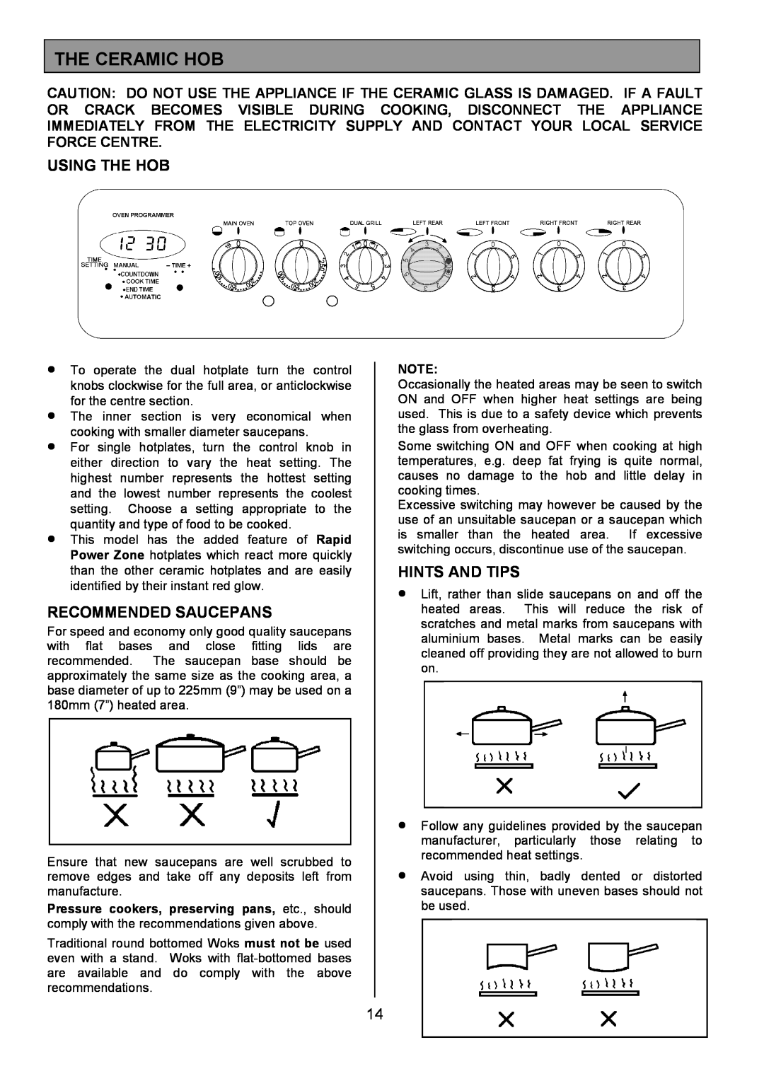 Tricity Bendix SIE531 installation instructions The Ceramic Hob, Using The Hob, Recommended Saucepans, Hints And Tips 