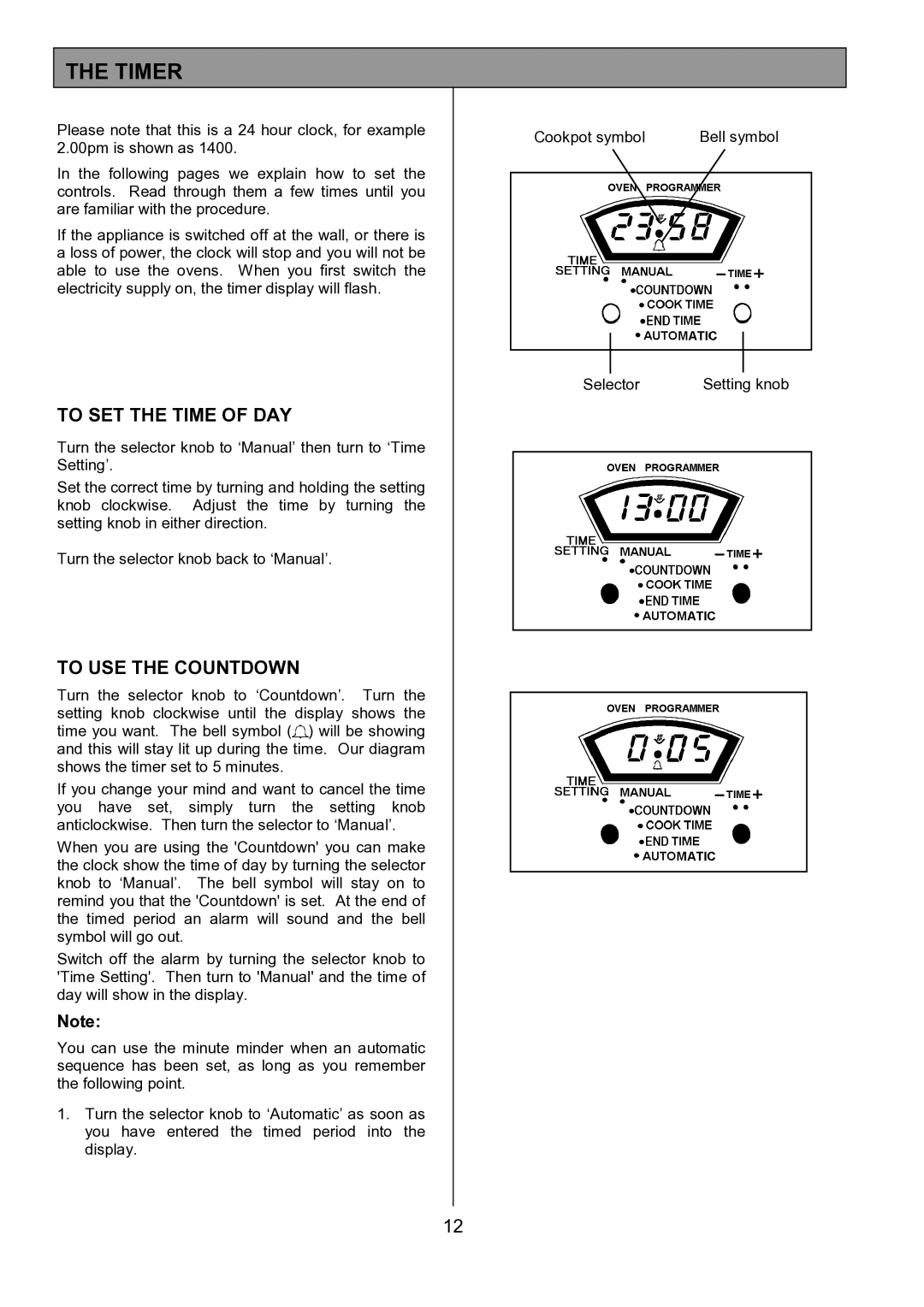 Tricity Bendix SIE533 installation instructions Timer, To SET the Time of DAY, To USE the Countdown 