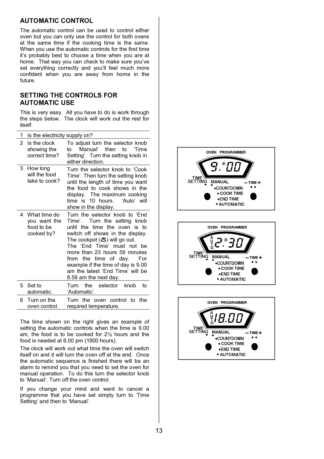 Tricity Bendix SIE533 installation instructions Automatic Control, Setting the Controls for Automatic USE 