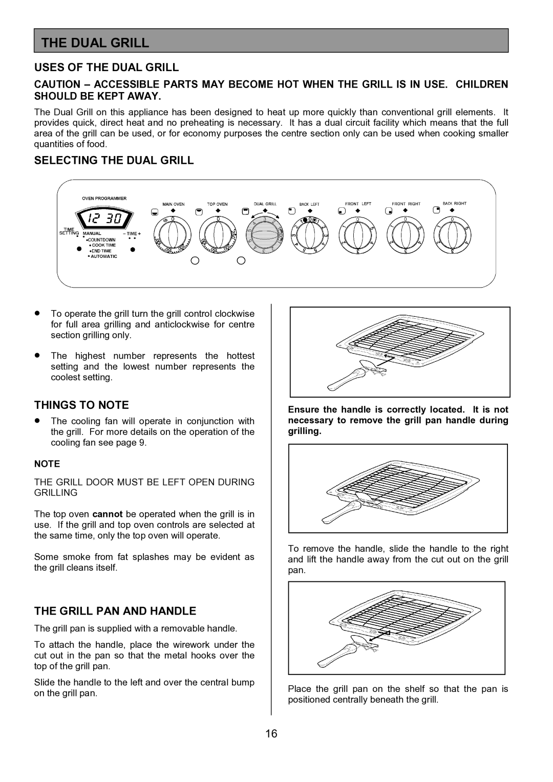 Tricity Bendix SIE533 Uses of the Dual Grill, Selecting the Dual Grill, Things to Note, Grill PAN and Handle 