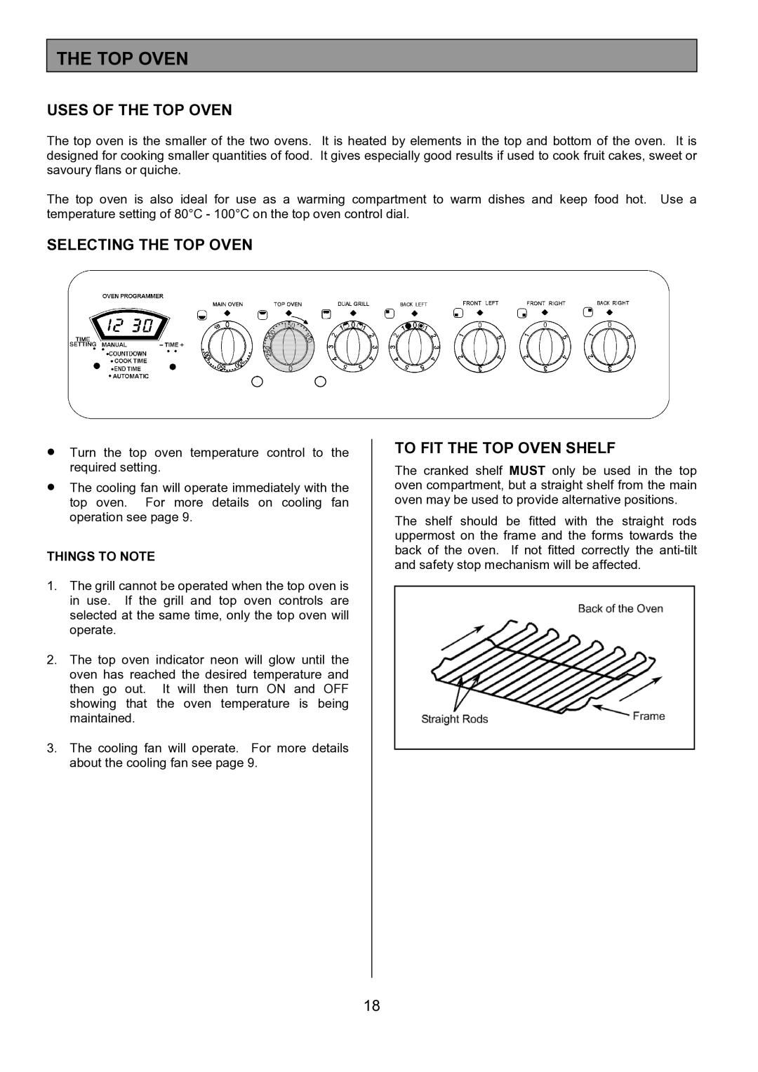 Tricity Bendix SIE533 Uses of the TOP Oven, Selecting the TOP Oven, To FIT the TOP Oven Shelf, Things to Note 