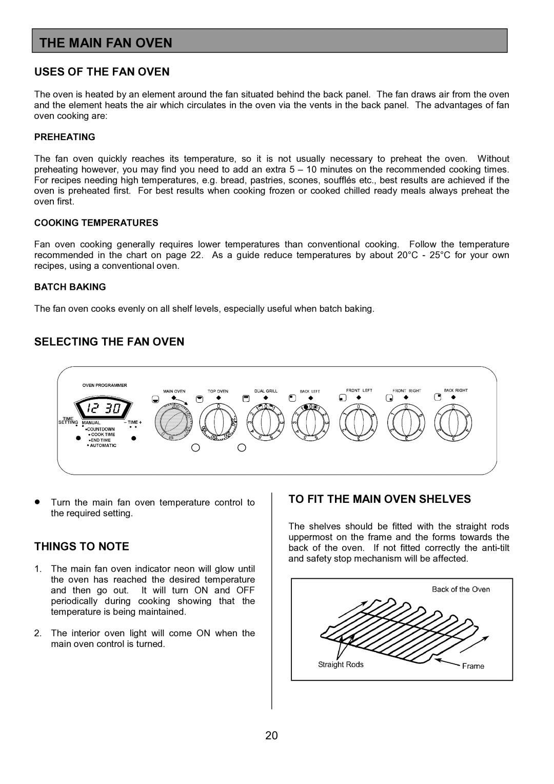 Tricity Bendix SIE533 Main FAN Oven, Uses of the FAN Oven, Selecting the FAN Oven, To FIT the Main Oven Shelves 