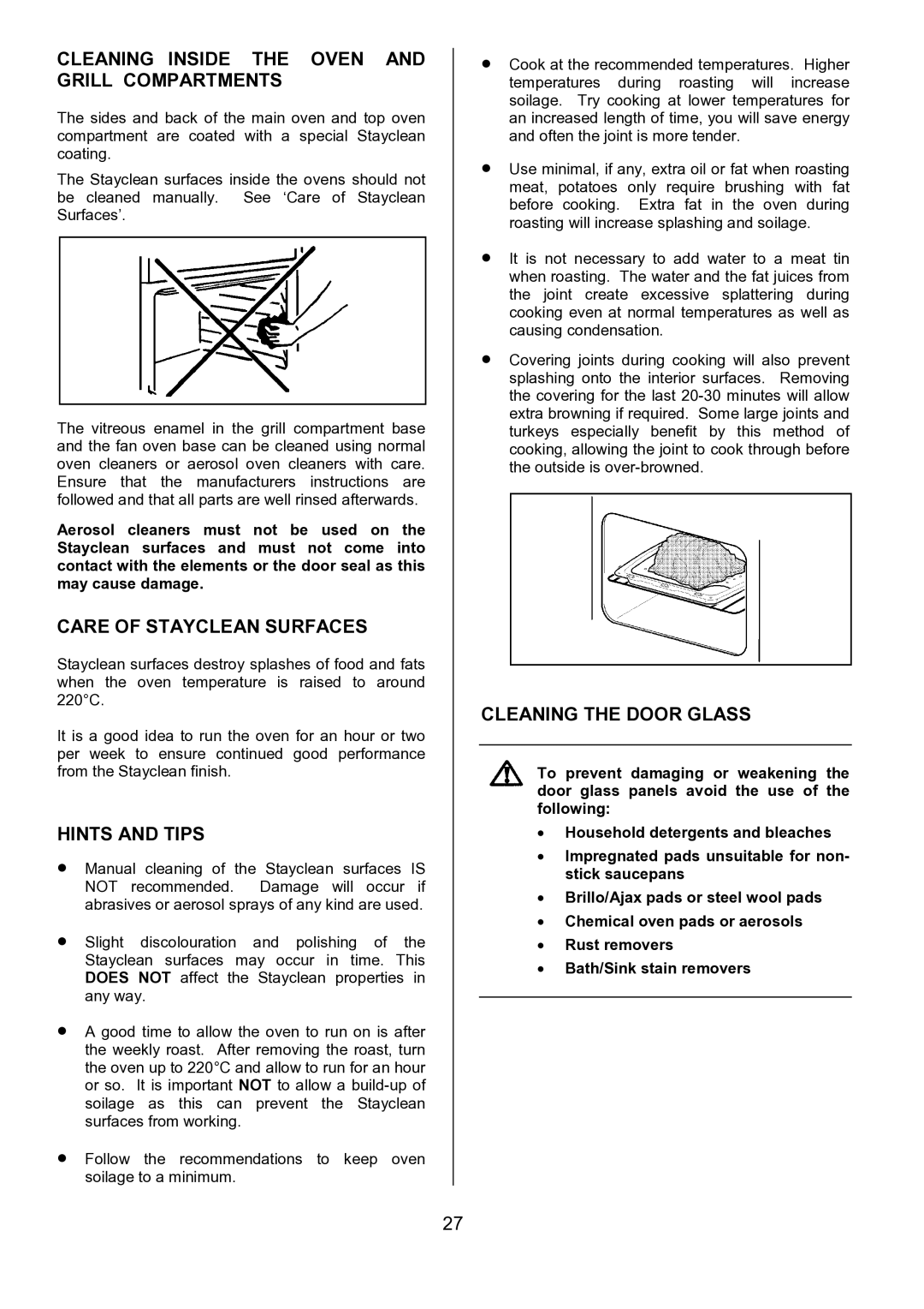 Tricity Bendix SIE533 Cleaning Inside the Oven and Grill Compartments, Care of Stayclean Surfaces, Cleaning the Door Glass 