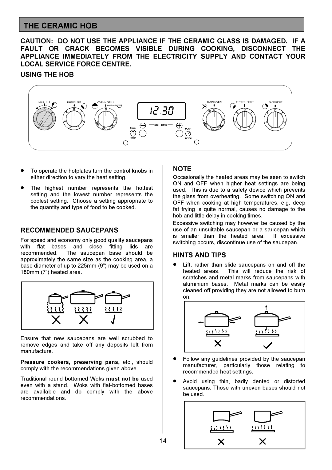 Tricity Bendix SIE553 installation instructions Ceramic HOB, Using the HOB, Recommended Saucepans, Hints and Tips 