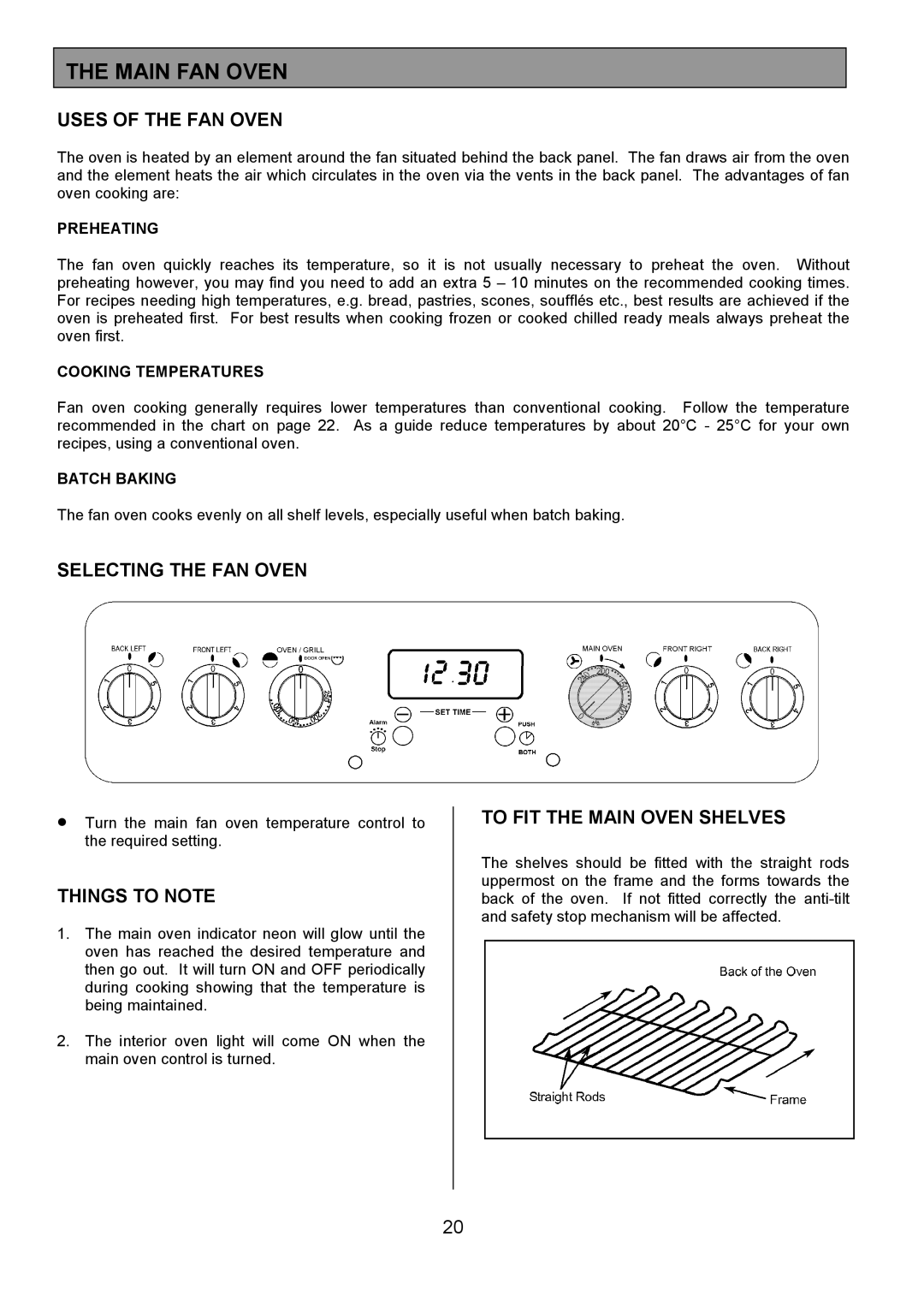 Tricity Bendix SIE554 Main FAN Oven, Uses of the FAN Oven, Selecting the FAN Oven, To FIT the Main Oven Shelves 