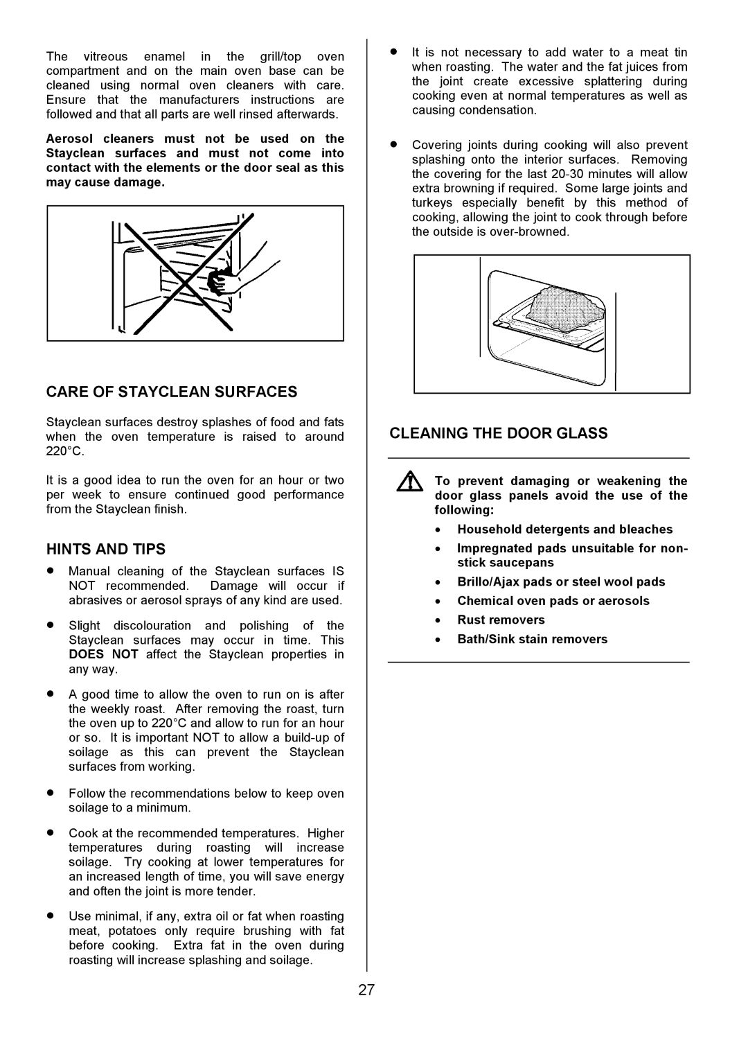 Tricity Bendix SIE554 installation instructions Care of Stayclean Surfaces, Cleaning the Door Glass 