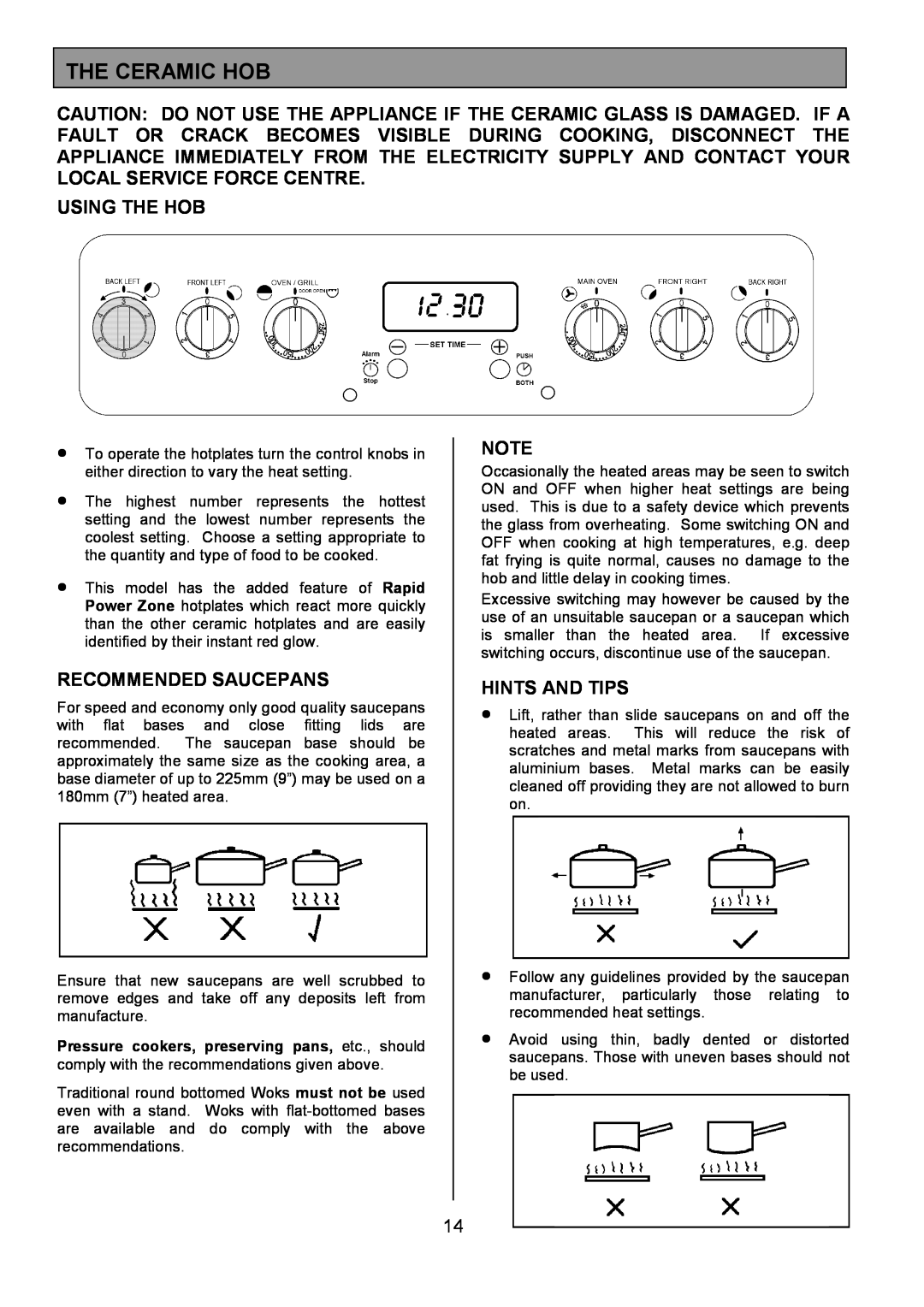 Tricity Bendix SIE554 installation instructions The Ceramic Hob, Using The Hob, Recommended Saucepans, Hints And Tips 