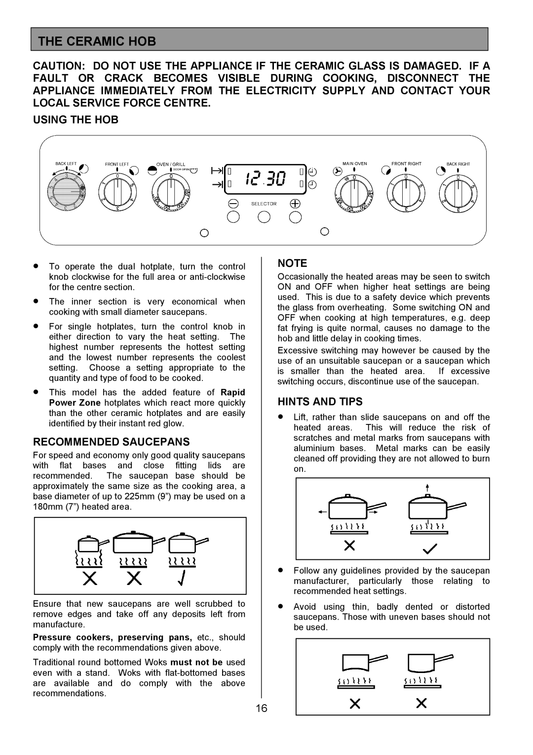 Tricity Bendix SIE555 installation instructions Ceramic HOB, Using the HOB, Recommended Saucepans, Hints and Tips 