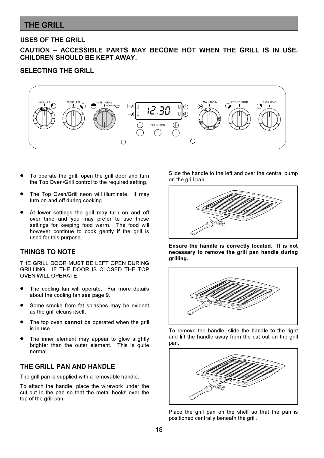 Tricity Bendix SIE555 installation instructions Uses of the Grill Selecting the Grill, Grill PAN and Handle 